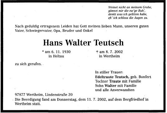 Teutsch Hans Walter 1930-2002 Todesanzeige